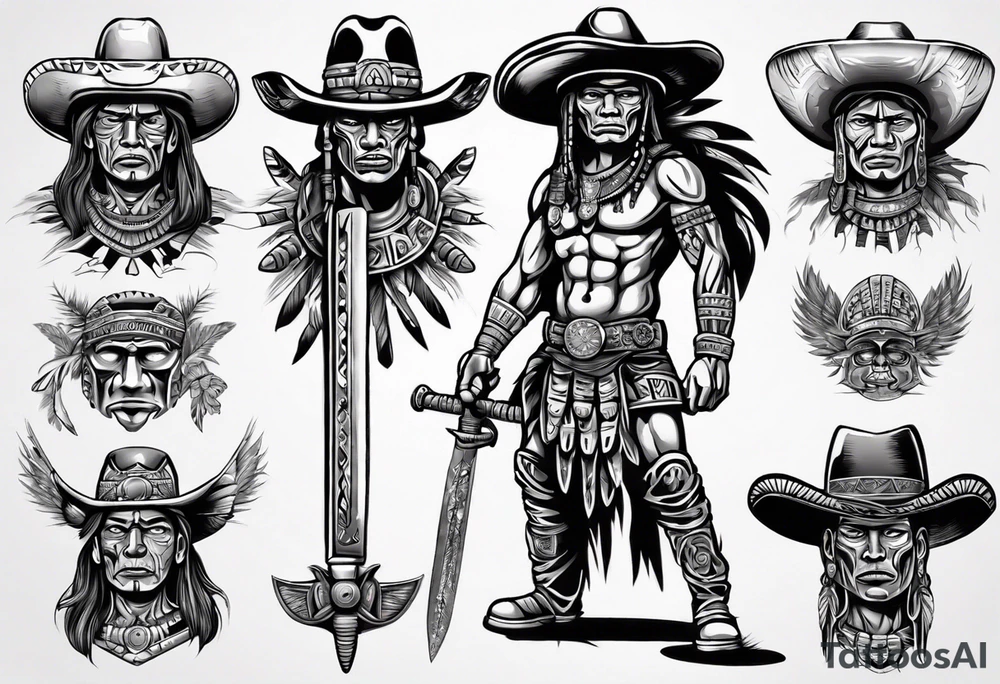 Aztec warrior with cowboy hat holding a sword tattoo idea Aztec warrior with cowboy hat holding a sword tattoo idea