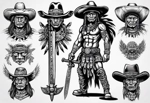 Aztec warrior with cowboy hat holding a sword tattoo idea