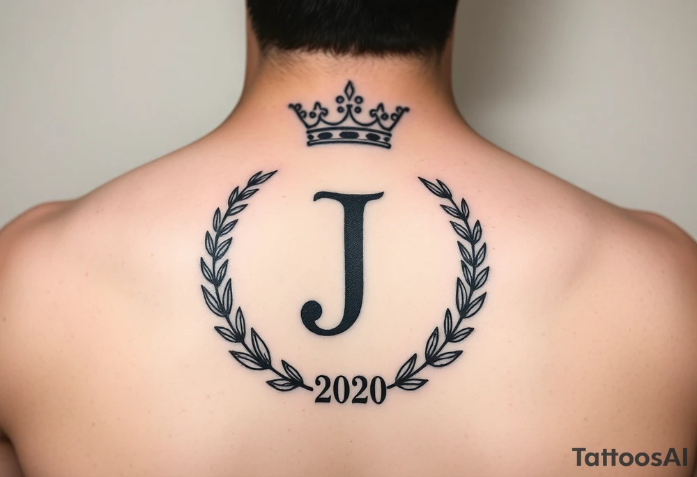I would like to have an example for a tattoo. In which the initial J is central with a laurel wreath from bottom to top and a crown on top. Furthermore, please include a birth year 2020 or his birth date in Roman tattoo idea