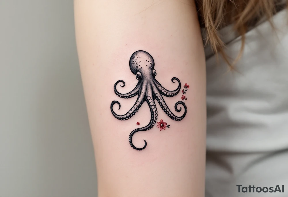 A small realistic black and grey tattoo of an octopus, cute, with detailed shading and soft linework, showing the octopus with swirling tentacles, on light skin. ornamental flowers around with red ink. The style is minimalistic and elegant, resembling fine-line tattoo with a shadow tattoo idea