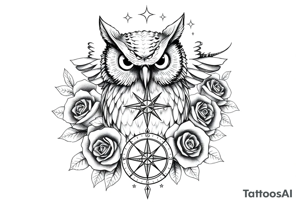 an owl,compass,roses,stars. tattoo idea