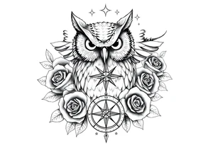 an owl,compass,roses,stars. tattoo idea