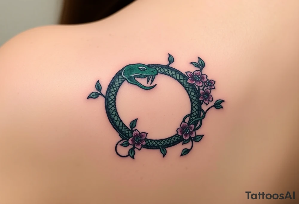 A dark green Ouroboros snake forming cyrcle intertwined with vines and blooming flowers, symbolizing the cycle of life and growth. tattoo idea
