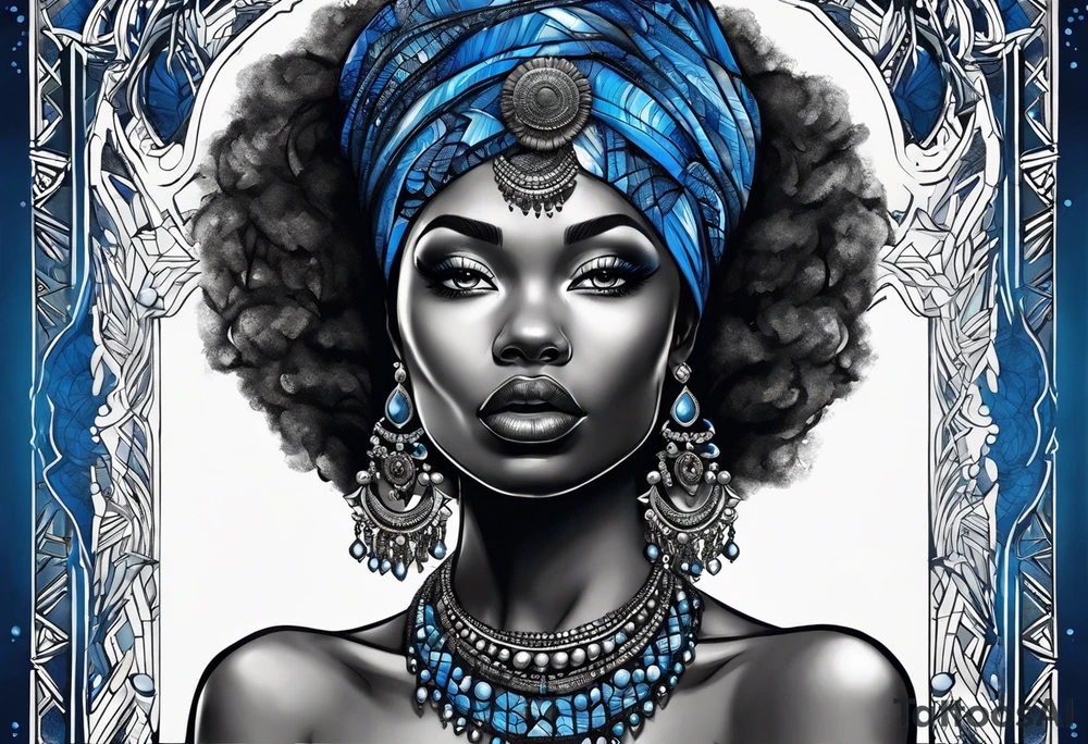 mulher iemanjá africana em preto e cinza com conchas e pérolas, fundo da imagem com tons de azul tattoo idea