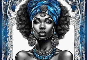mulher iemanjá africana em preto e cinza com conchas e pérolas, fundo da imagem com tons de azul tattoo idea
