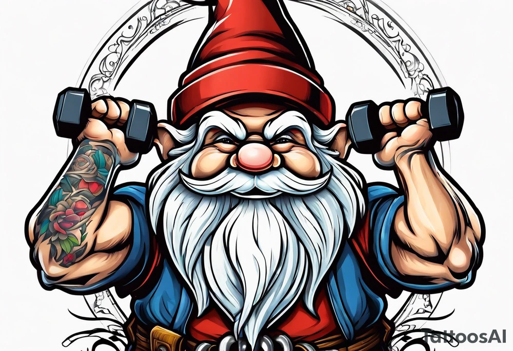 Strong old gnome lifting dumbells tattoo idea