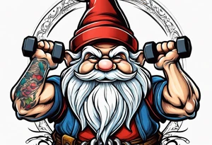 Strong old gnome lifting dumbells tattoo idea