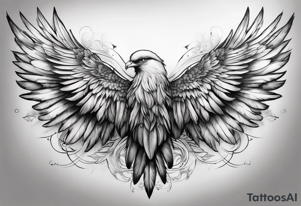 wings extending from a mens shoulders, covering the upper arms and upper back. The feathers are intricately detailed, with soft shading in black and gray to create depth and texture. The wings gently converge in the middle of the back, forming a harmonious and cohesive design. tattoo idea