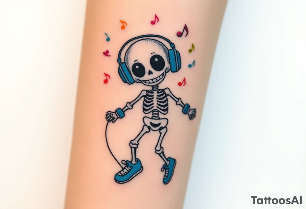 Cute smiley skeleton with heart shape eyes  jumping on a jump rope with both hands blue headphones blue armbands blue sneakers and colorful  music notes around his head tattoo idea