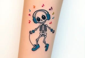 Cute smiley skeleton with heart shape eyes  jumping on a jump rope with both hands blue headphones blue armbands blue sneakers and colorful  music notes around his head tattoo idea