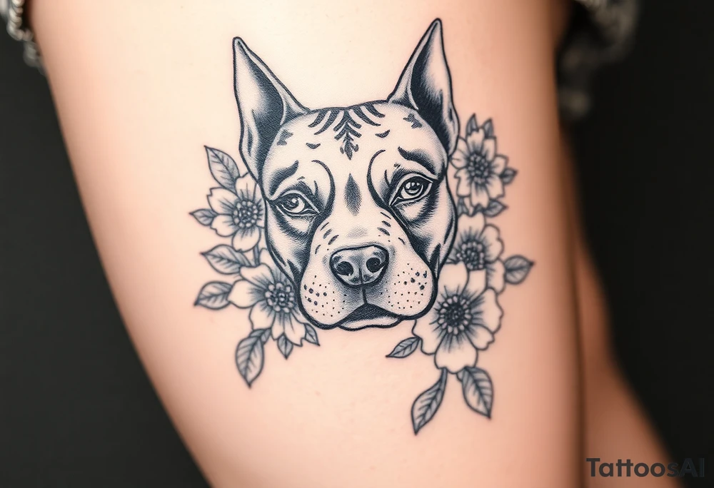 Pitbull head with flowers tattoo idea