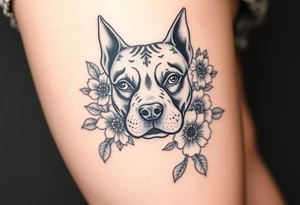 Pitbull head with flowers tattoo idea