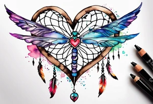Watercolor tattoo of heart shaped dream catcher with cross going through the heart. Dragonfly flying on side tattoo idea