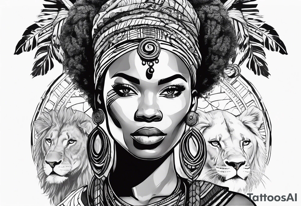 African woman warrior holding spear with earrings. Tribe marks on her face and tree Branch brids and lion in the background tattoo idea