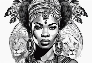 African woman warrior holding spear with earrings. Tribe marks on her face and tree Branch brids and lion in the background tattoo idea