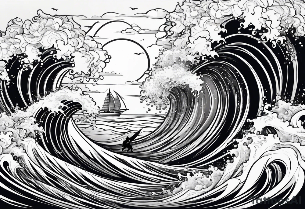 Poseidon im Vordergrund mit Windsurfer und Wellen im Hintergrund tattoo idea