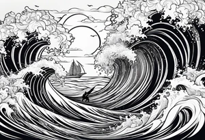Poseidon im Vordergrund mit Windsurfer und Wellen im Hintergrund tattoo idea