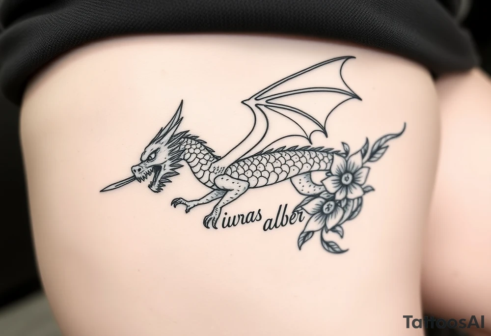 dragon volando en posición horizontal y jugando con las lineas naturales del cuerpo. Que se vea desde arriba.  Que se encuentre jugando con una espada y una tira de flores y que diga la palabra always tattoo idea