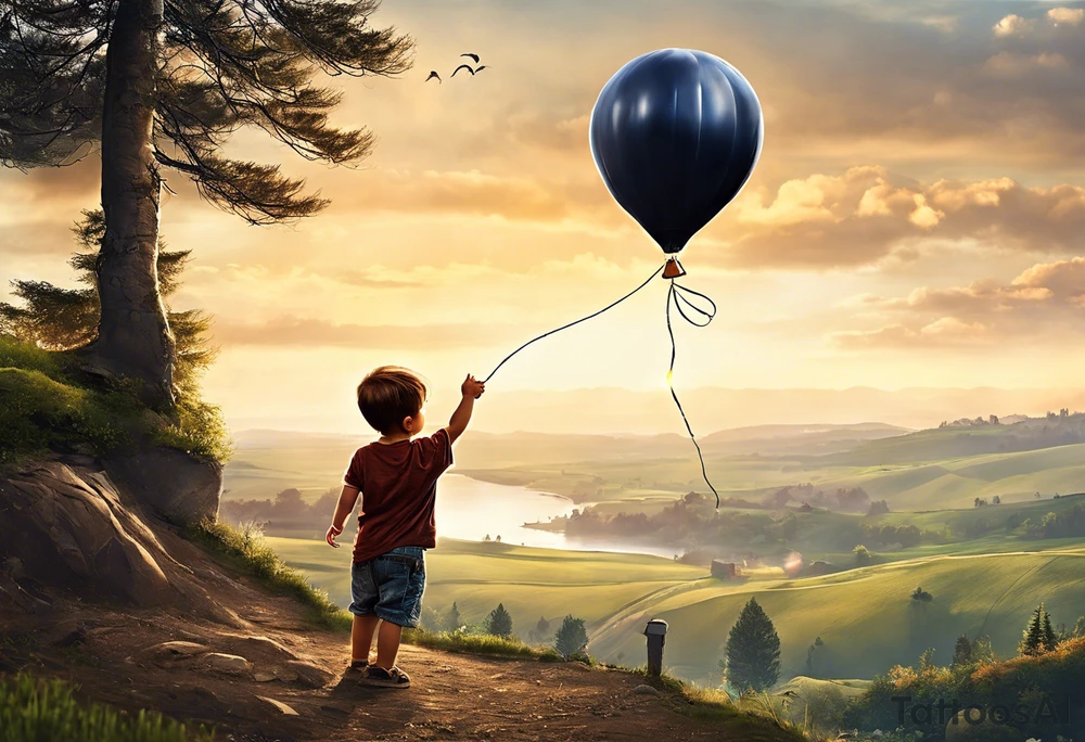 tatoo in little boy holding a string to the earth shaped baloon.
boy should be drawed from behinfd anhas one hand reaching up in 45 degree angle and holding the baloon string
the string has a big wave in like a hearbeat pulse on it.
hearth party baloon is tattoo idea