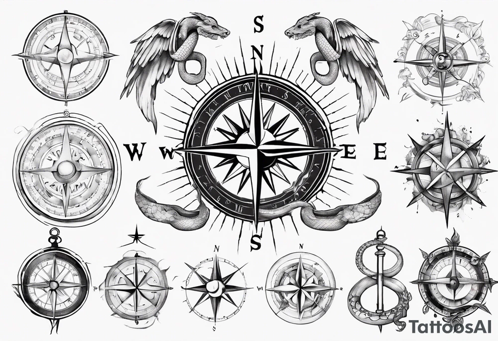 Compass tatoo with sun, Gemini , angels and snake tattoo idea