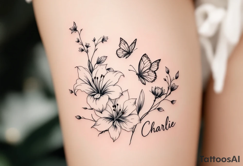 A delicate and highly detailed tattoo design featuring elegant flowers and two butterflies, symbolizing family, love, and the bond between a mother and her children. The flowers, such as lilies or peonies, represent protection, beauty, and unconditional love. Two butterflies gracefully flying around the flowers symbolize the children, Zackary and Charlie, representing their growth and freedom. Their names should be subtly integrated into the design, either along the stems of the flowers, within the butterfly wings, or in an elegant script flowing naturally with the composition. The tattoo should have a soft, flowing aesthetic with fine details, subtle shading, and a harmonious balance between nature and symbolism. The style can be fine line, realistic, or watercolor for a timeless and meaningful look. tattoo idea