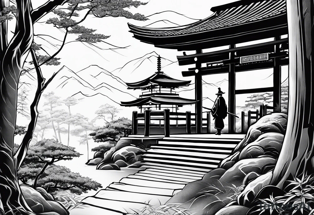 Irezumi style samurai in front of shinto shrine in bamboo grove tattoo idea