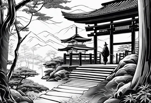 Irezumi style samurai in front of shinto shrine in bamboo grove tattoo idea