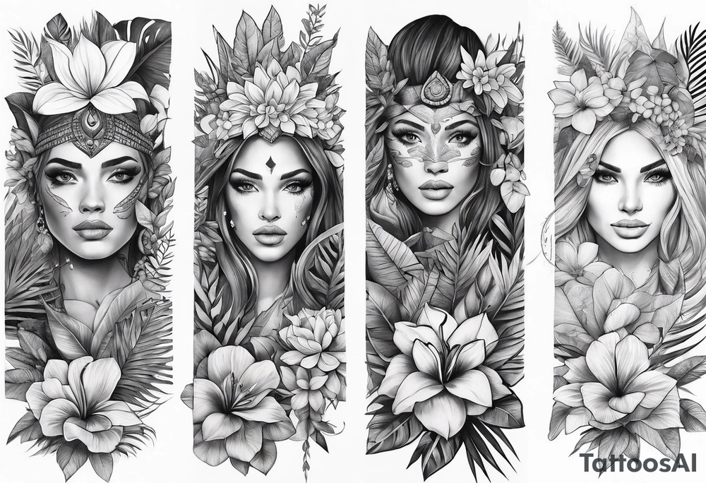 full arm sleeve tattoo with jungle plants and flowers tattoo idea