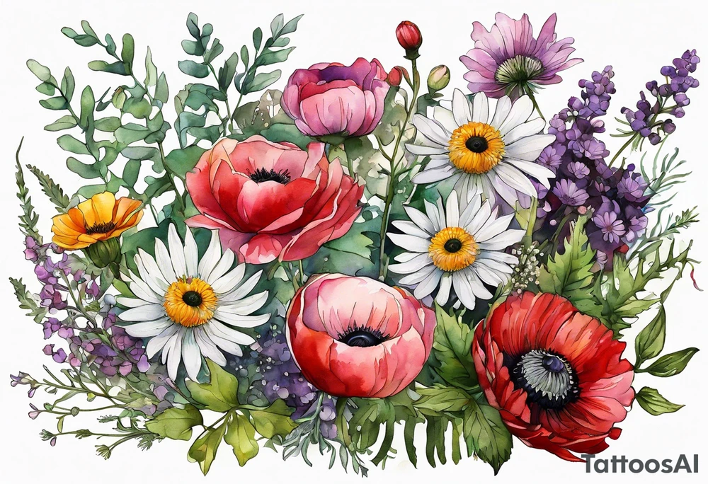 wildflowers with thistles, ferns, ranuculus, white anemones with black center, sun flowers, red flowers, pink flowers, purple flowers, buttercups, babys breath, daisies, and greenery all in watercolor tattoo idea