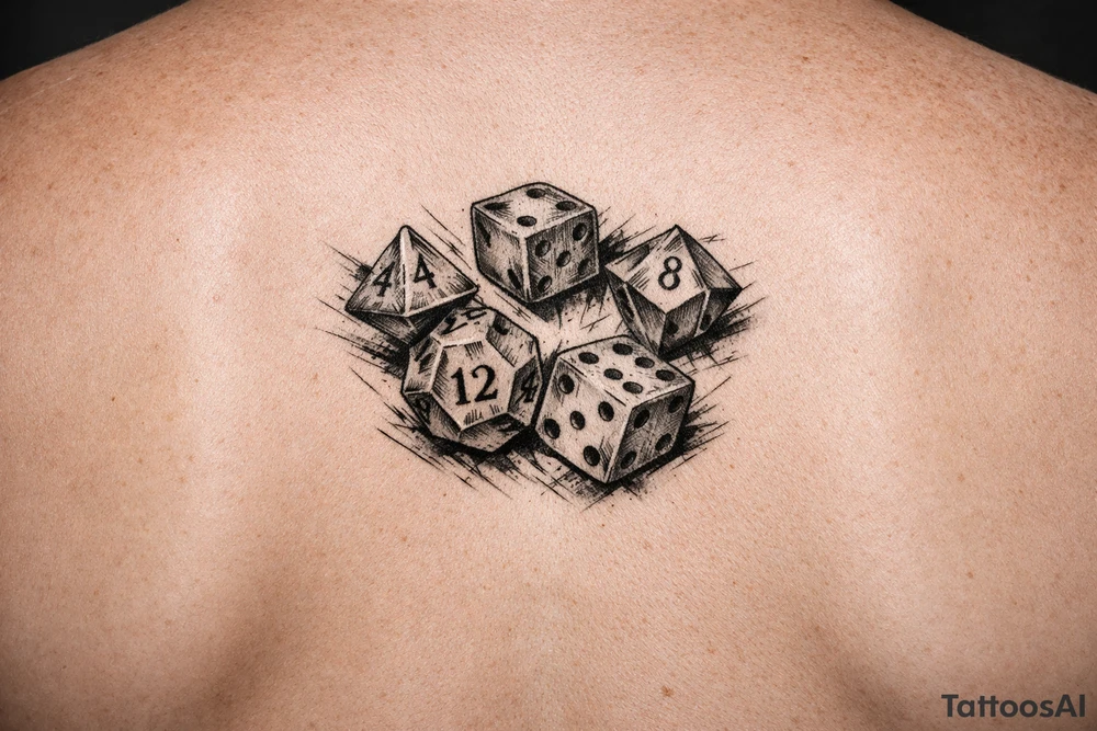 Five colorful dice tumbling mid-air, realistic style. tattoo idea