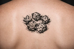 Five colorful dice tumbling mid-air, realistic style. tattoo idea