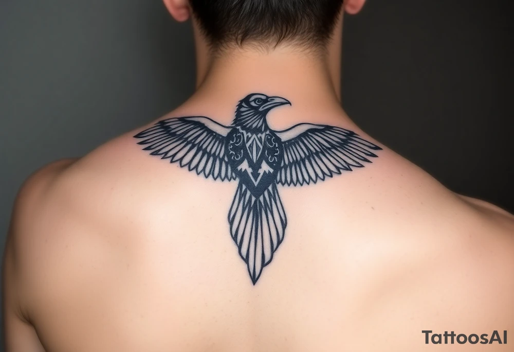 Geometric design of crow with long wings with dark shading  for forearm tattoo idea