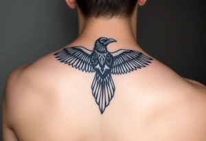 Geometric design of crow with long wings with dark shading  for forearm tattoo idea