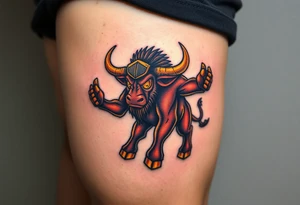 A mighty Minotaur, its massive frame glowing with a bronze sheen under flickering torchlight tattoo idea