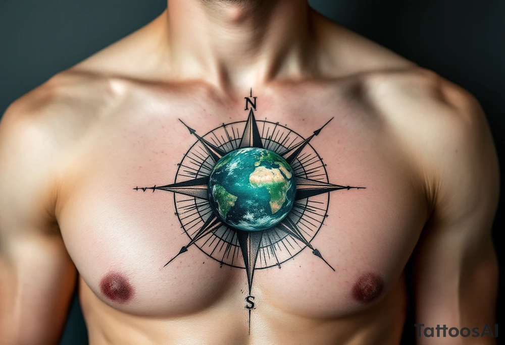 A small detailed Earth in rich cobalt and forest green floats inside a fine black geometric compass. tattoo idea