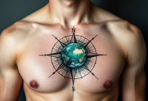 A small detailed Earth in rich cobalt and forest green floats inside a fine black geometric compass. tattoo idea