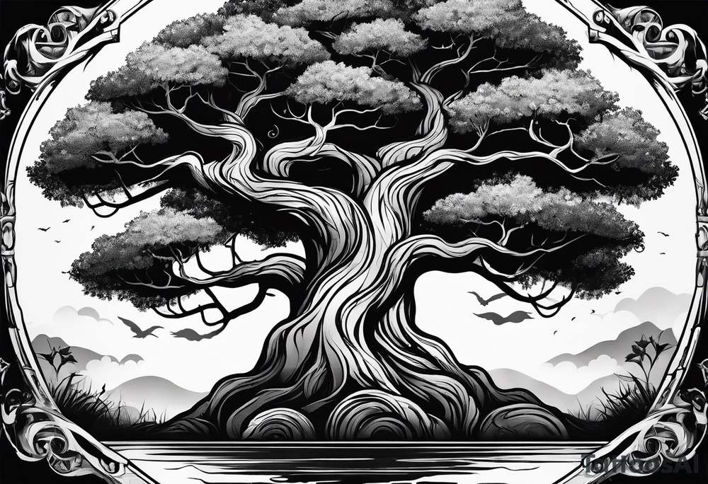 a big tree that is a paddle at the trunk with vines wrapping around the handle tattoo idea