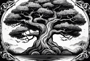 a big tree that is a paddle at the trunk with vines wrapping around the handle tattoo idea