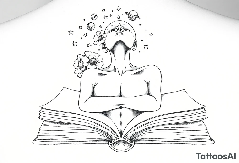 line art drawing of a womans torso coming from an open book. with stars, flowers and planets coming from her head above her nose. her arms are crossed onto her shoulders,. tattoo idea