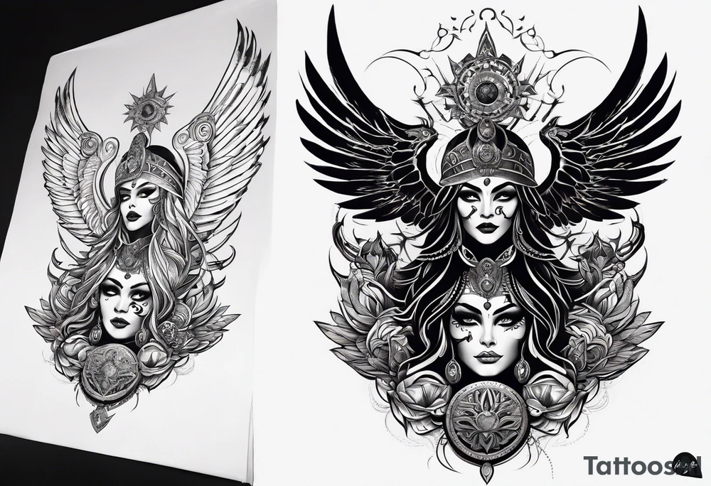 black kali, goddess pirate, alien, pachamama, valkrye, warrior, skull, lotus azul, wing, eagle, zenza resonance, stars, one side chest tattoo idea