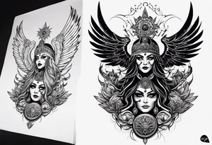 black kali, goddess pirate, alien, pachamama, valkrye, warrior, skull, lotus azul, wing, eagle, zenza resonance, stars, one side chest tattoo idea