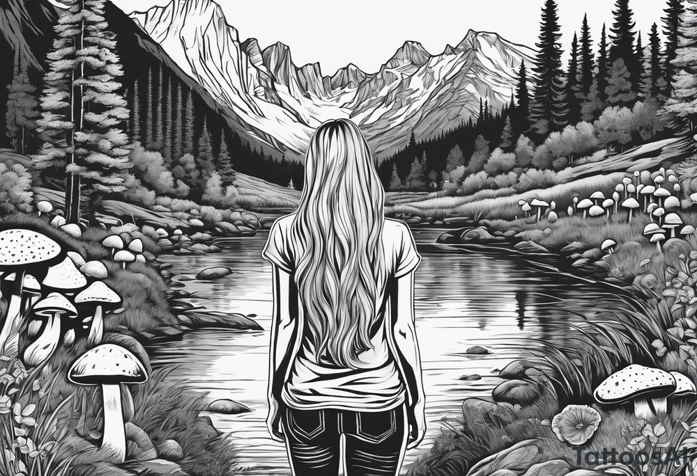 Whole picture encircled fully

Straight long blonde hair hippie girl in distance holding mushrooms in hand facing away toward mountains and creek surrounded by mushrooms tee shirt and hiking pants; whole rendering within a full circle, no cut off circle tattoo idea