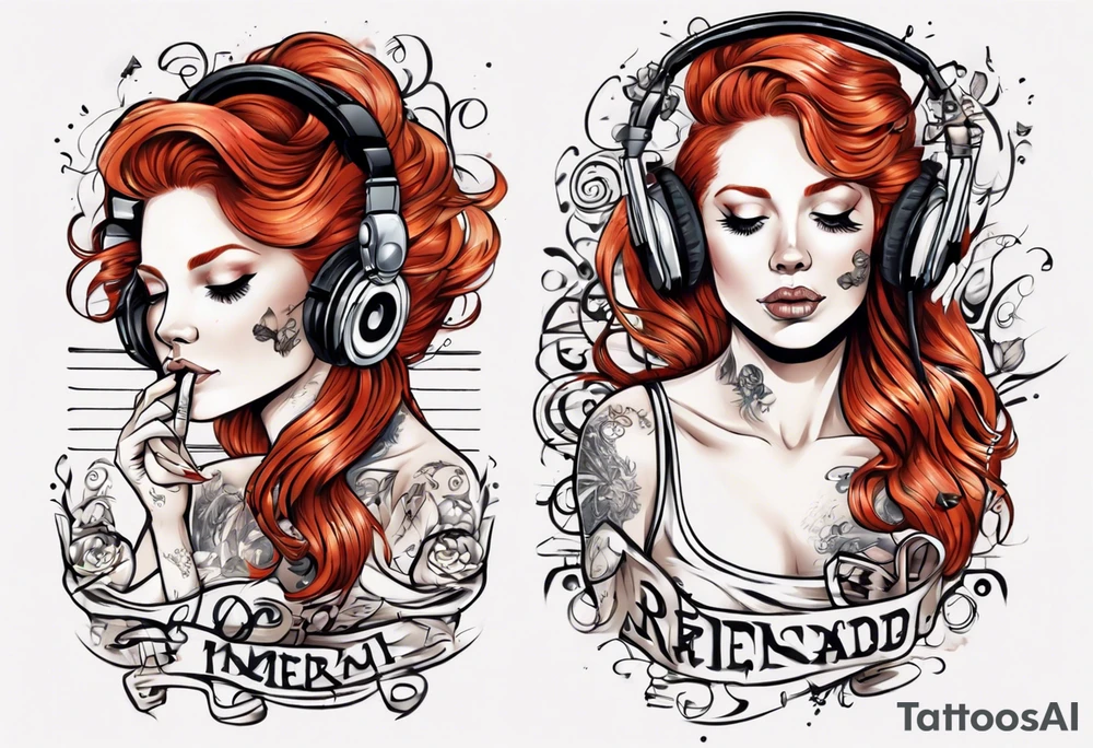 Redhead woman with Music score as her hair and a microphone tattoo idea