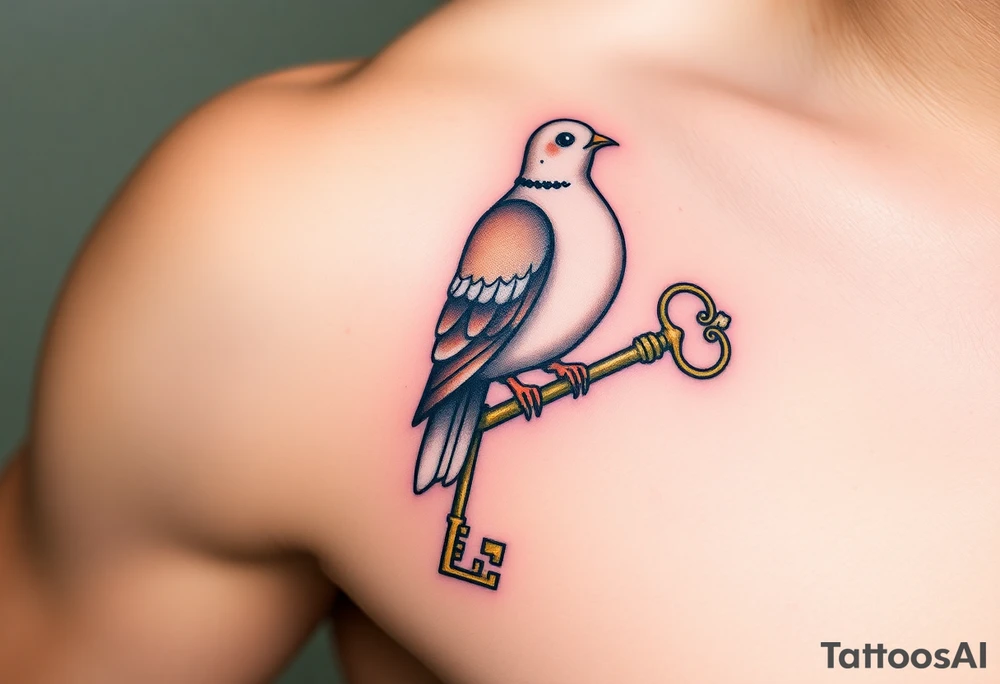 A collared dove perched on a vintage key, with the dove in soft browns and whites, and the key in antique gold, symbolizing love, protection, and freedom tattoo idea