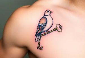 A collared dove perched on a vintage key, with the dove in soft browns and whites, and the key in antique gold, symbolizing love, protection, and freedom tattoo idea