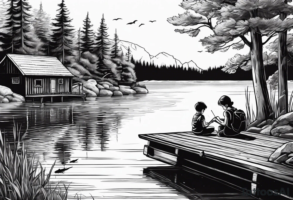 forearm tattoo set on a dock on a lake. There is a little boy sitting next to a little girl. The little boy is fishing and the little girl is reading. There are trees surrounding the lake. tattoo idea