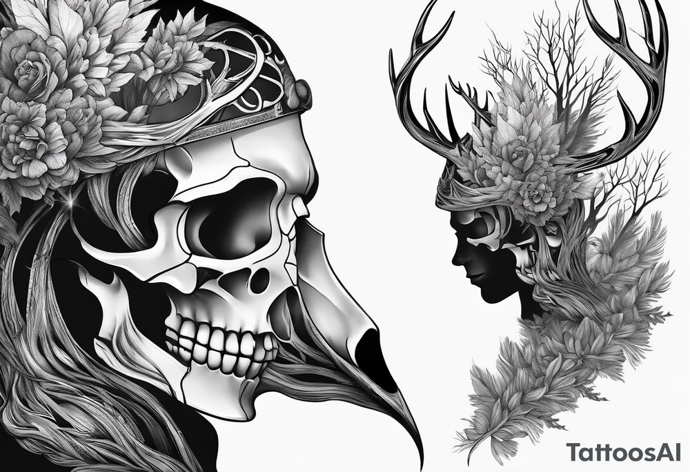A side profile of a human with a deer skull head, fire and trees tattoo idea