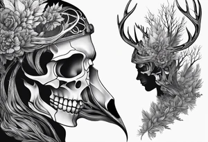 A side profile of a human with a deer skull head, fire and trees tattoo idea