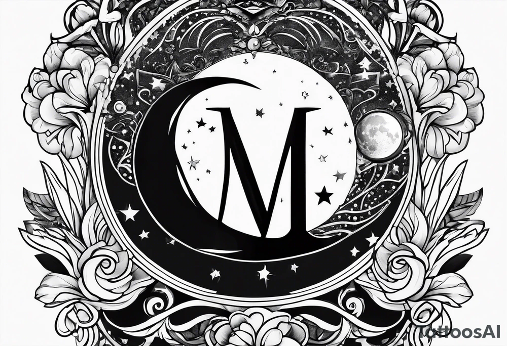 Moon and letter M tattoo idea