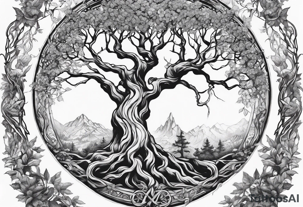 The deity Pan is entwined in a tree which is a portal tattoo idea